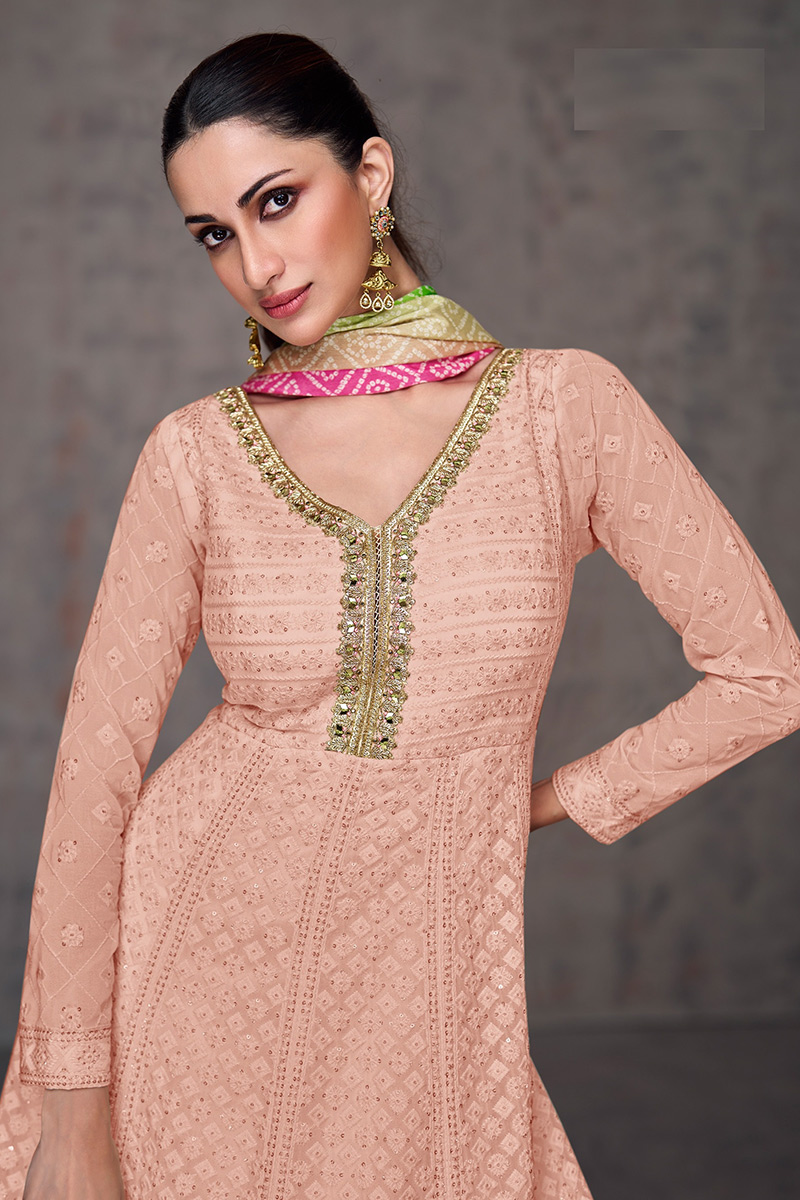 Georgette Salmon Peach Embroidered Anarkali Suit LSTV127394