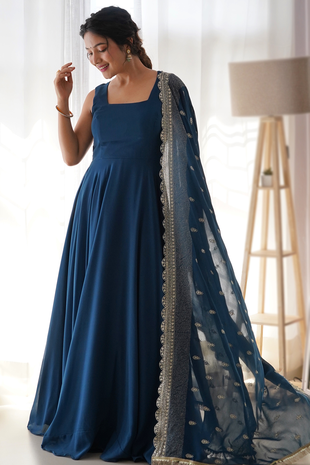Georgette Sea Blue A Line Plain Anarkali Suit