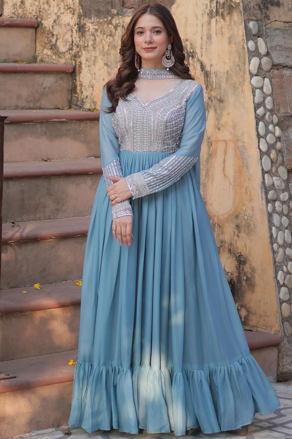 baby blue anarkali dress Georgette Sky Suit With Cutdana Work Size:CUSTOM SIZE Miss Circle Women Waylynn The computer subcategory:Party Dresses