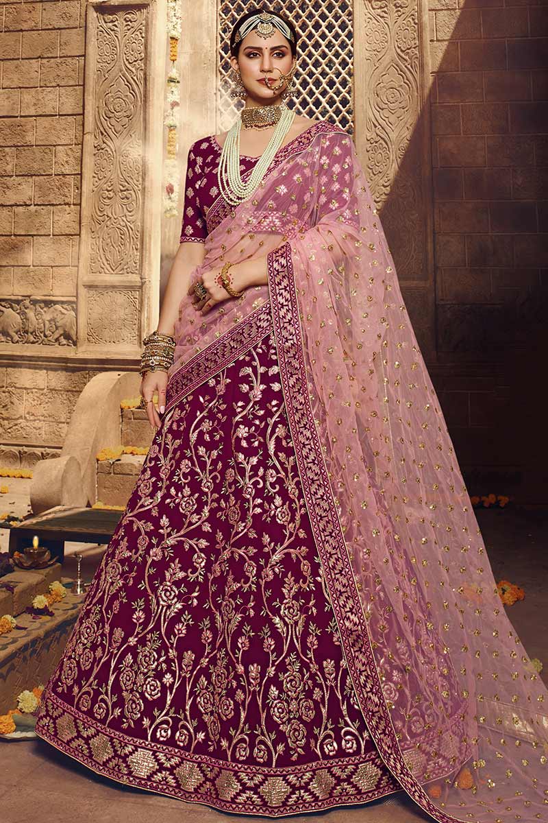 Pink and purple wedding lehenga on sale