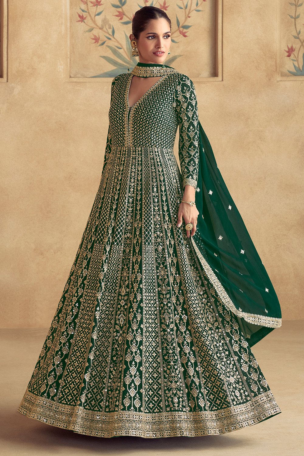 Georgette Zari Embroidered Dark Green A Line Anarkali Suit LSTV133065