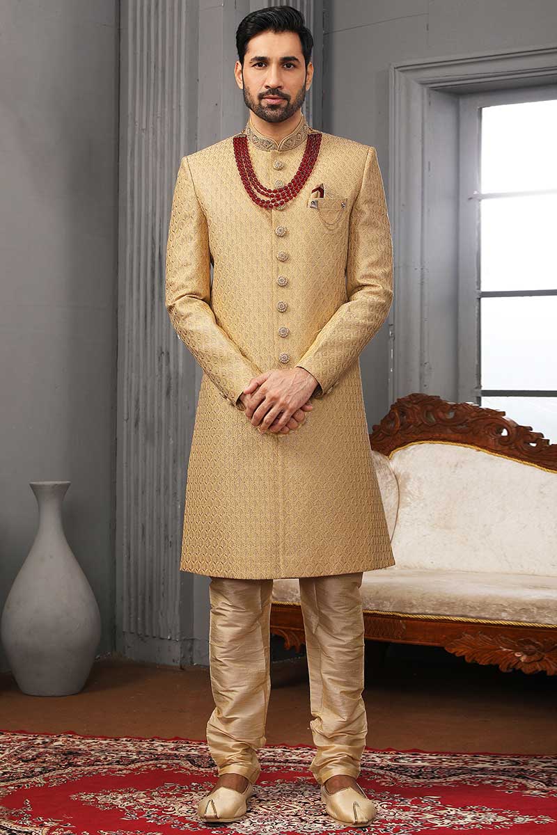 Tailored Men s Sherwani in Gold Embroidered Fabric MSTV0887