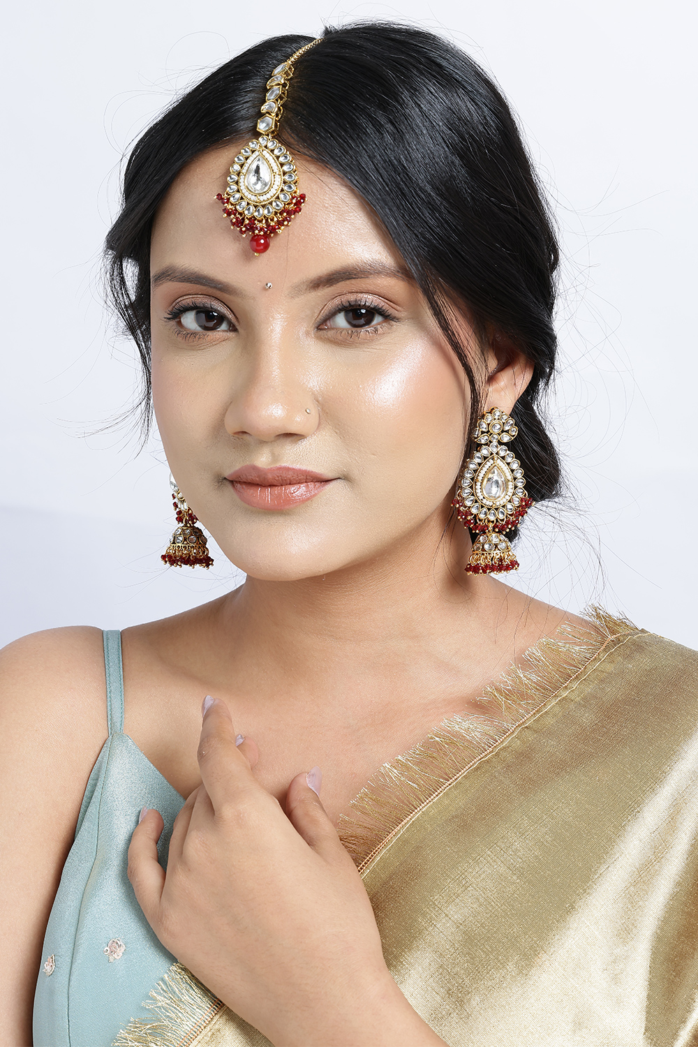 Gold Plated Earrings With Maang Tikka For Weddings JEM0139601