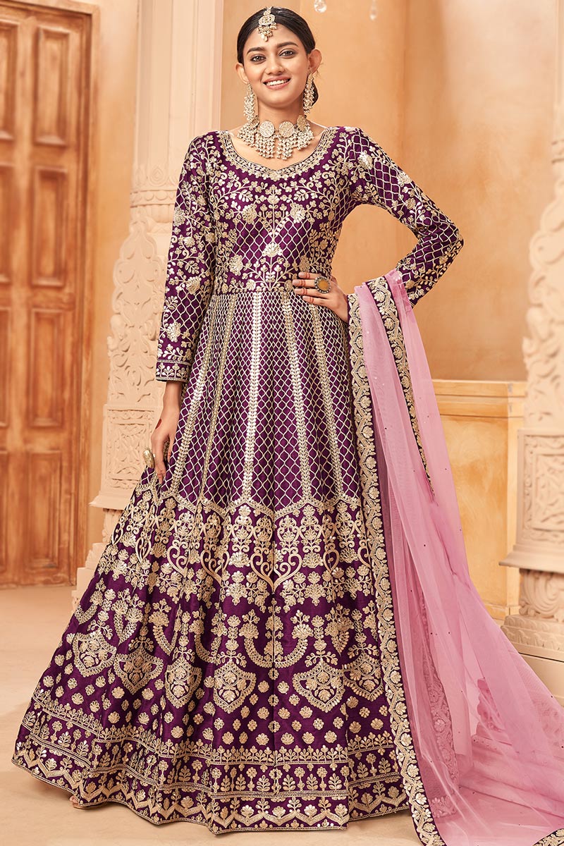 Latest Fashion Dori Work Embroidered Purple Anarkali Suit LSTV122735