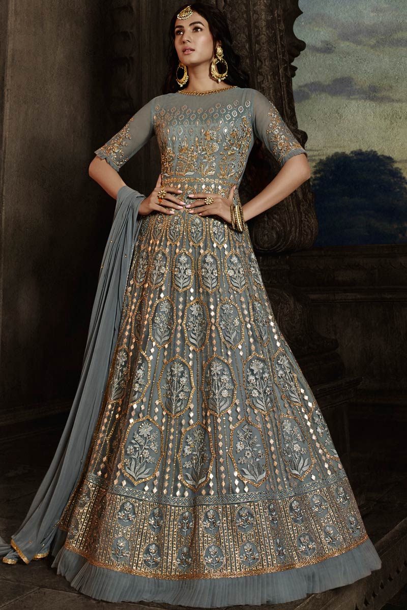 Buy Dress for Prom Net Bluish Grey Anarkali Suit LSTV08557
