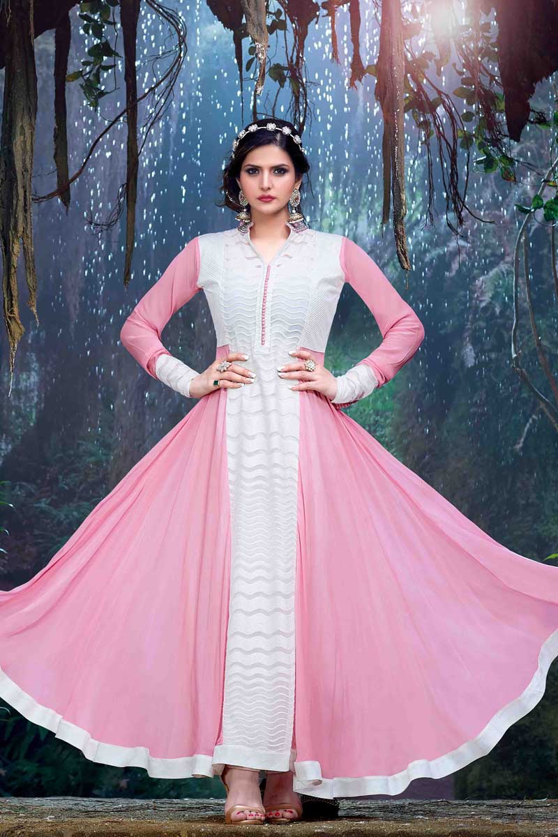 Zarin Khan Long Length White and pink Georgette Anarkali Suit