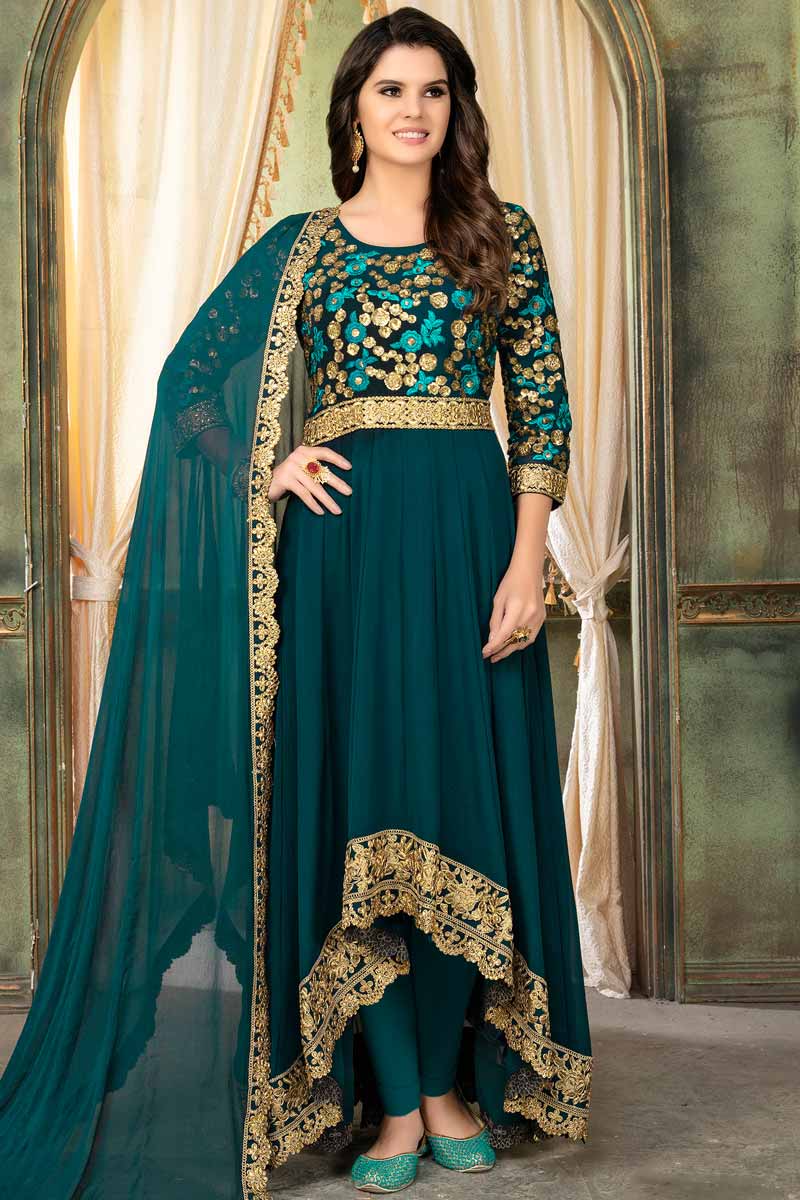 Green Anarkali style Suits Faux Georgette