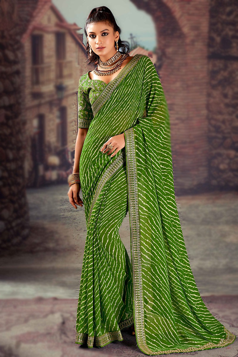 Green Leheriya Printed Georgette Saree For Mehndi SARV167802