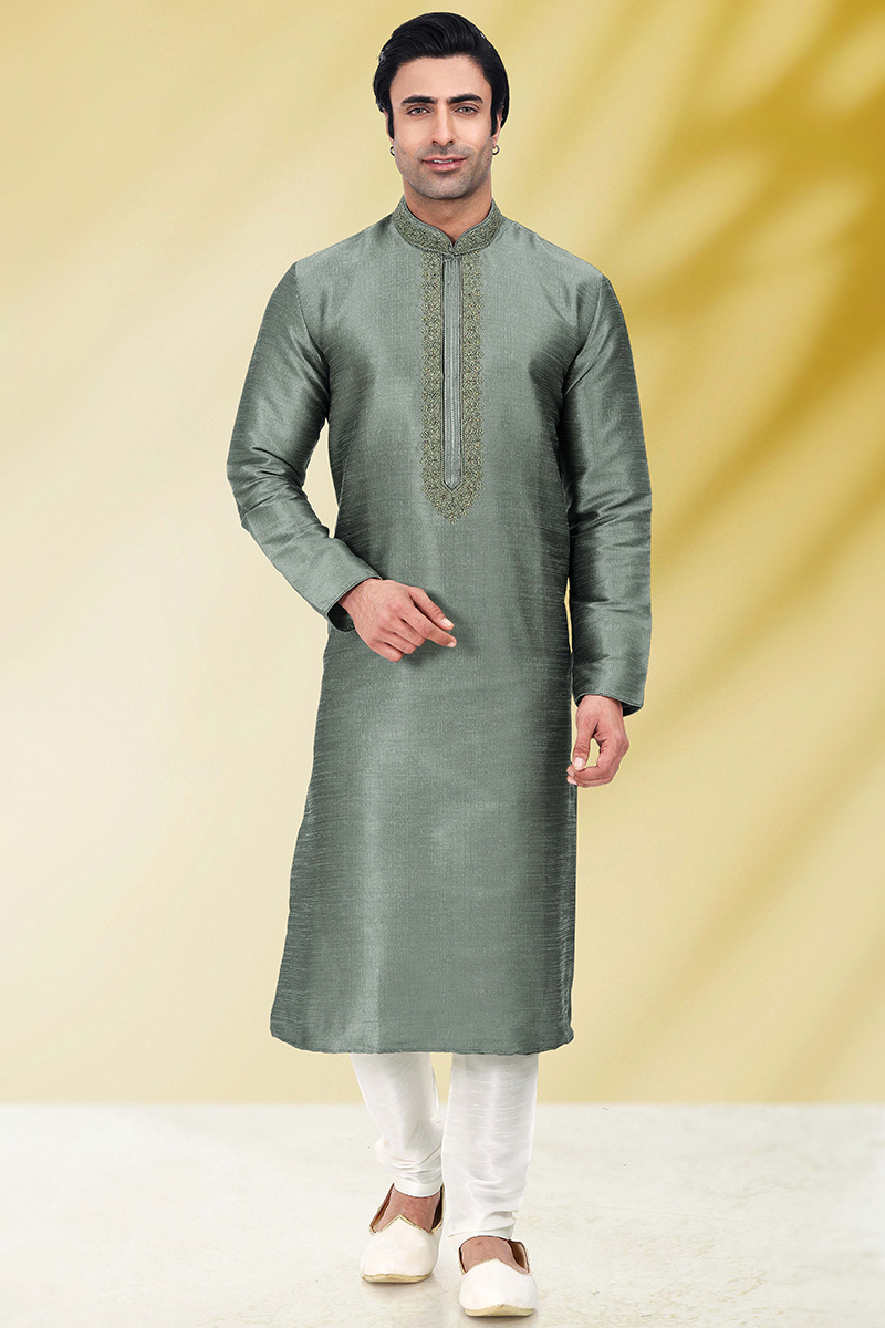 Greenish Grey Art Silk Embroidered Men Kurta Pajama