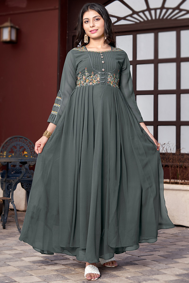 Beautiful Thread Work Embroidered Greenish Grey Kurti LKV00838 Beautiful Thread Work Embroidered Greenish Grey Kurti LKV00838