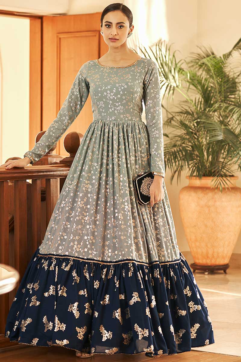 Women Fashion Clothes Anarkali Suit in Greenish Grey Printed Fabric LSTV115664