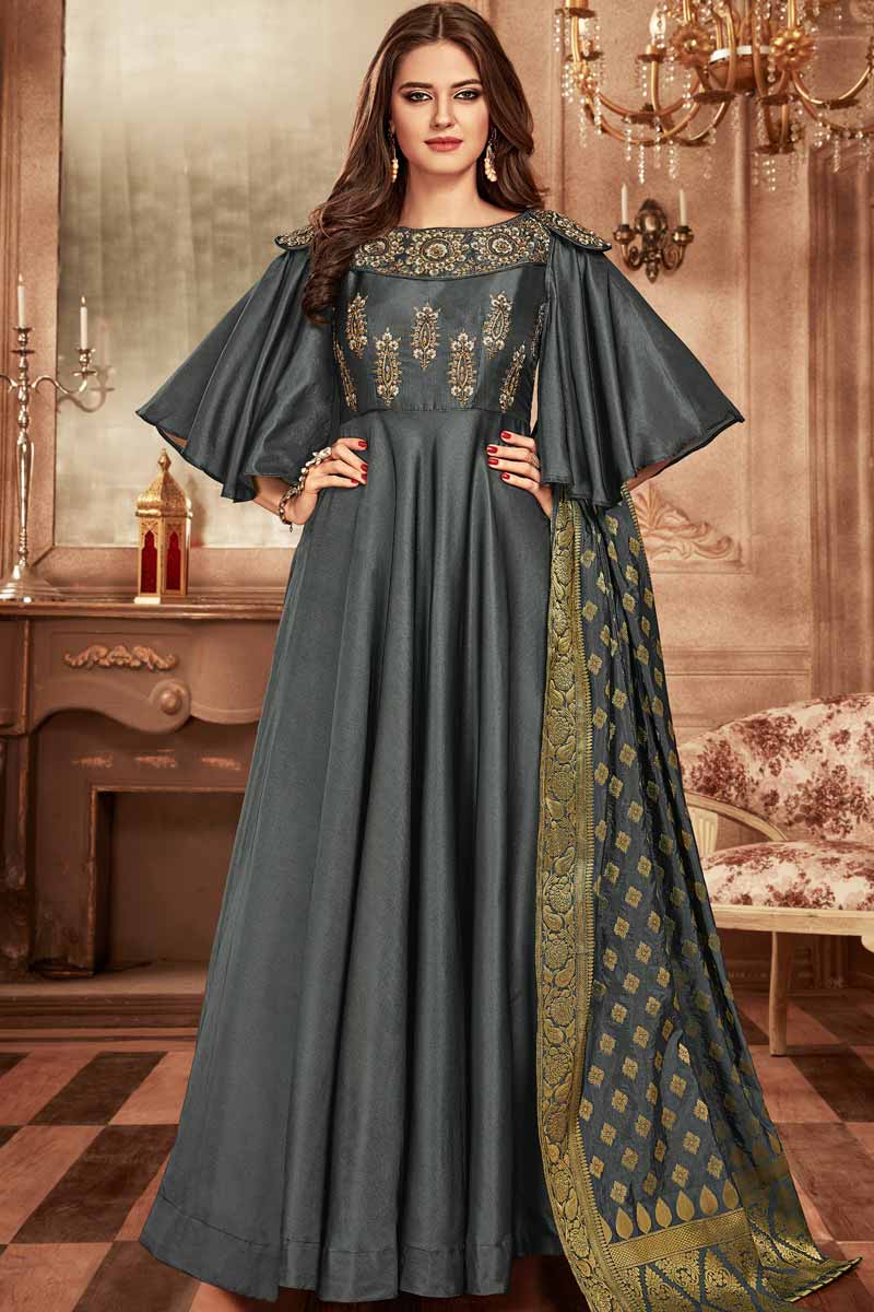 grey color anarkali dress Grey Blue Heavy Embroidered Designer Kalidar Anarkali Suit – Fashneo main image 0
