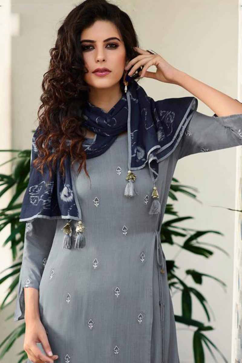 Buy Grey Cotton Linen Anarkali Suit Online - LSTV02365 | Andaaz Fashion