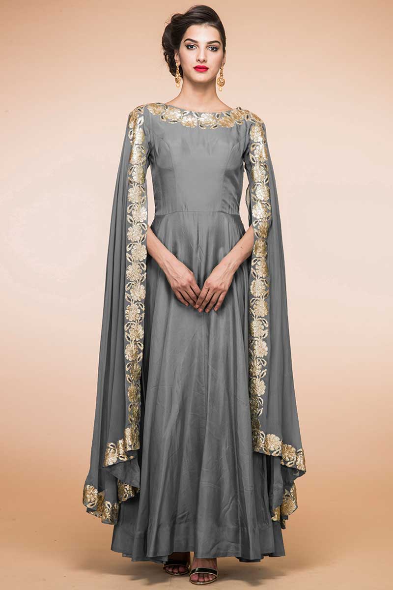 Andaaz Fashion Women's Steel Grey Silk Anarkali Churidar Suit Andaaz Fashion Women's Steel Grey Silk Anarkali Churidar Suit
