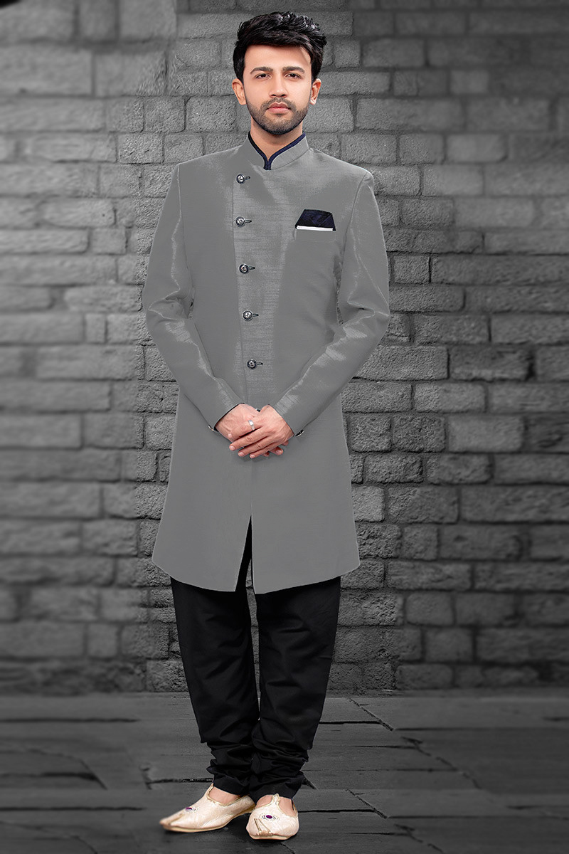 Wedding Collection Grey Men Sherwani with Churidar MSTV01196