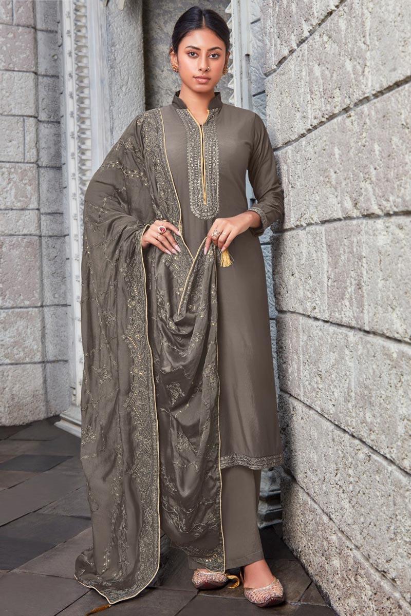 Bollywood Grey Beige Trouser Suit with Resham And Sequins Work LSTV114203