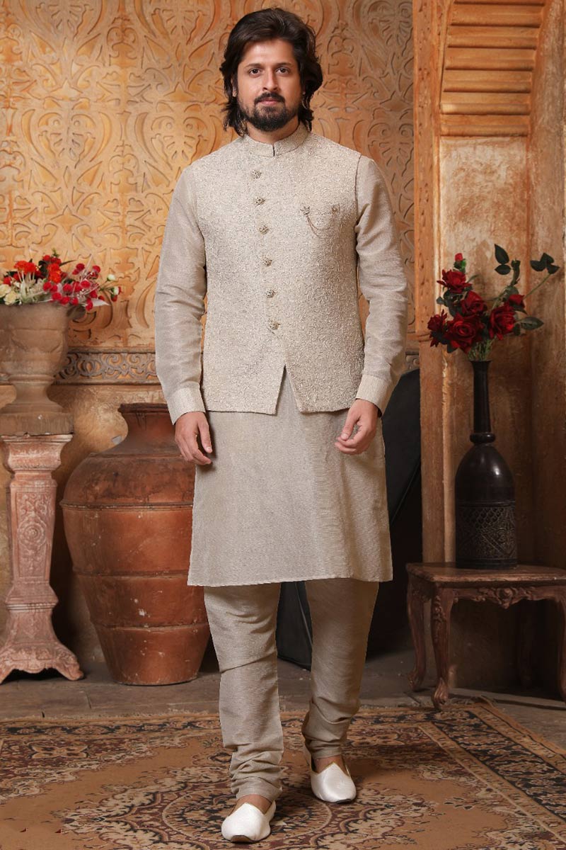 Buy Jacket Style Grey Beige Men Kurta Pajama MKPA01404