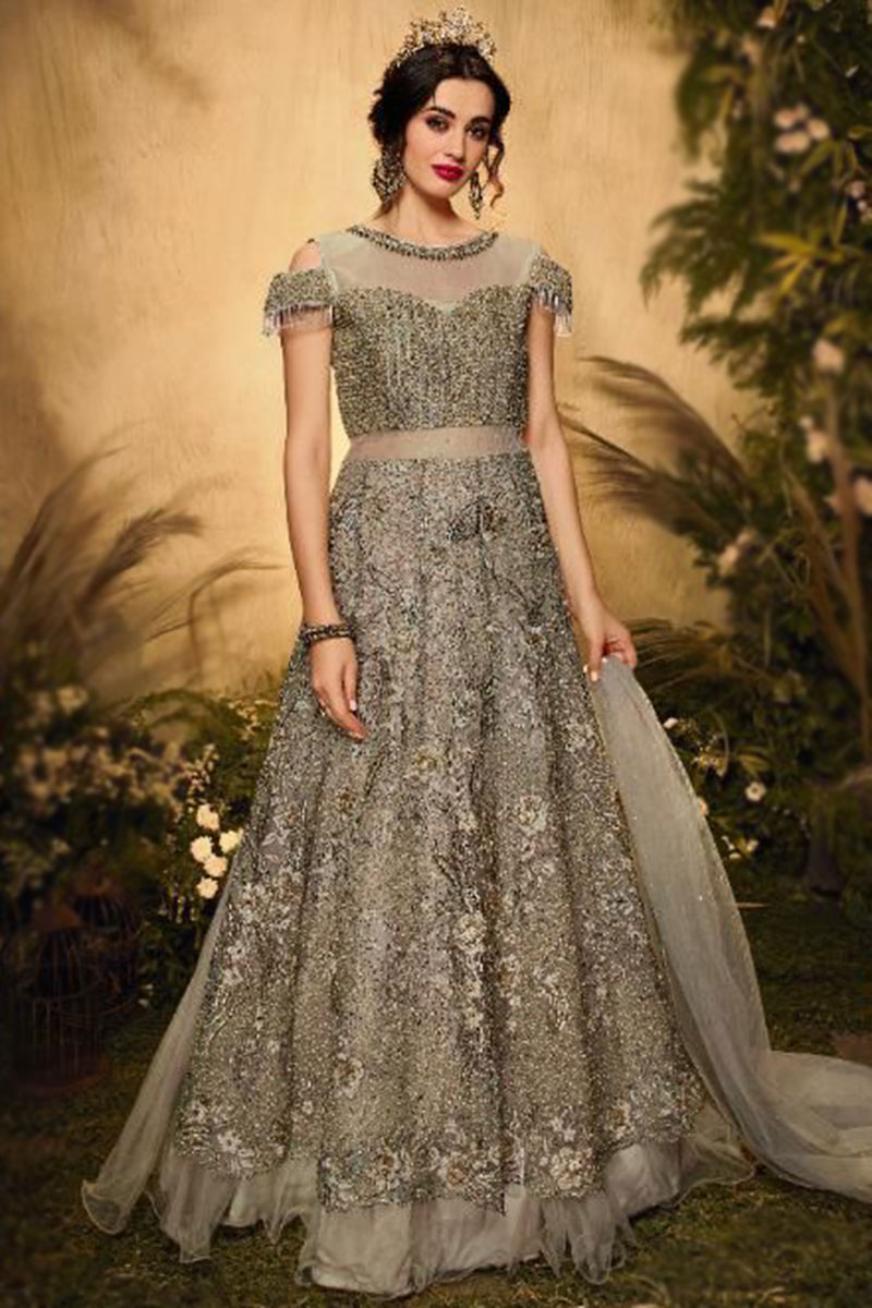 Grey Beige Long Choli Wedding Wear Lehenga in Net