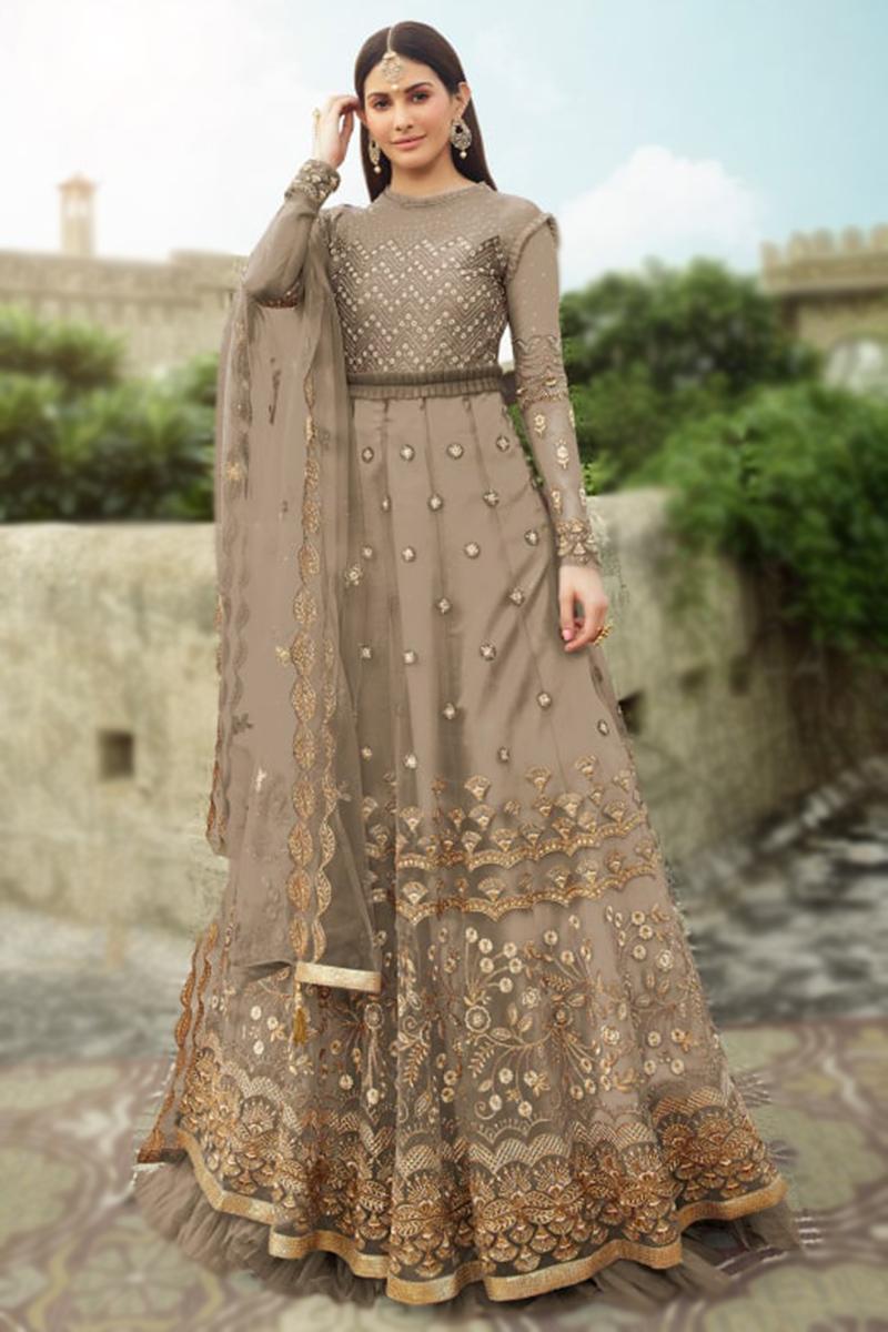 Taupe Grey Zari Embroidered Net Anarkali Suit