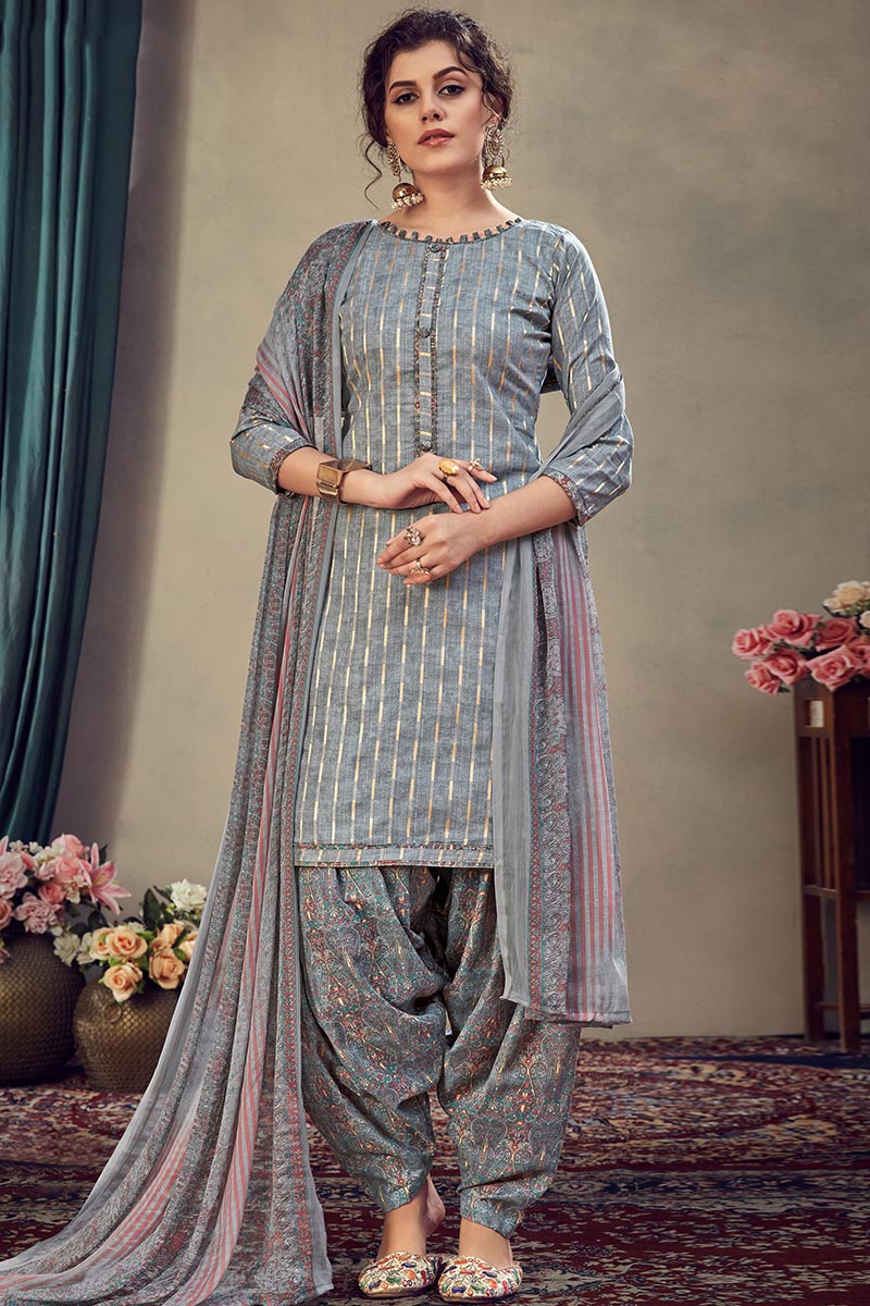 Grey Cotton Indian Patiala Salwar Kameez