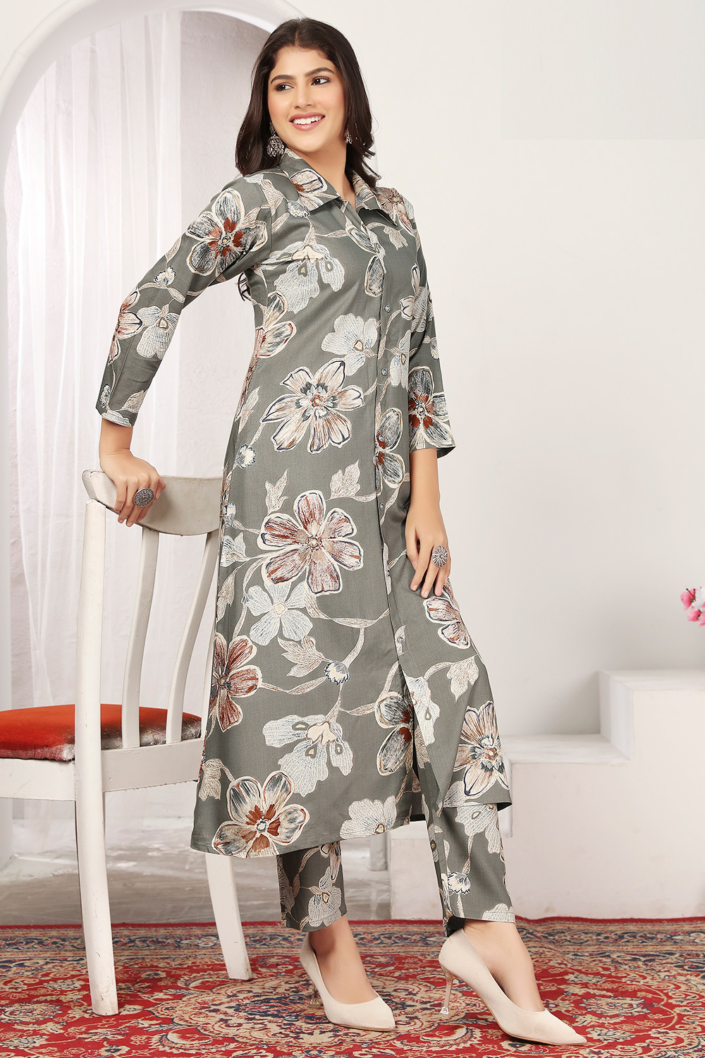 Grey Cotton Printed Cord Set For Casual Wear LSTV137553