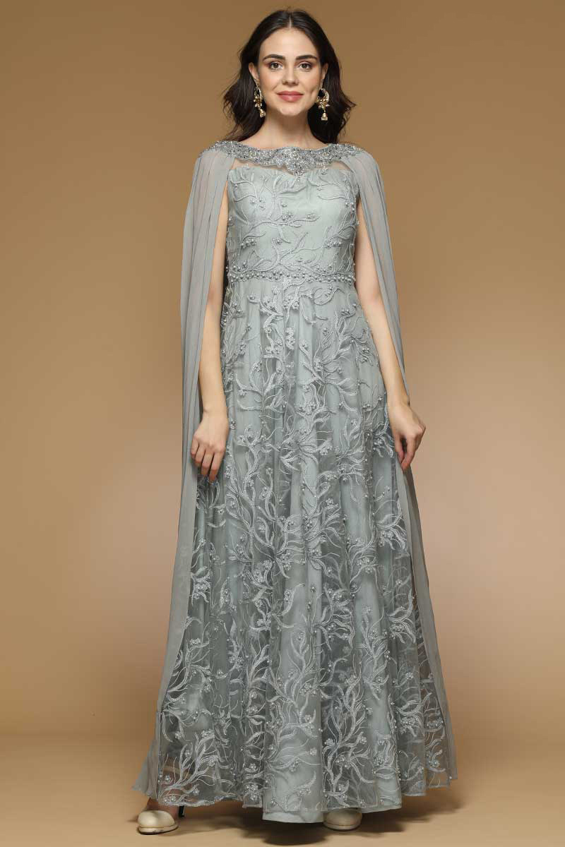 embroidered net gown in grey