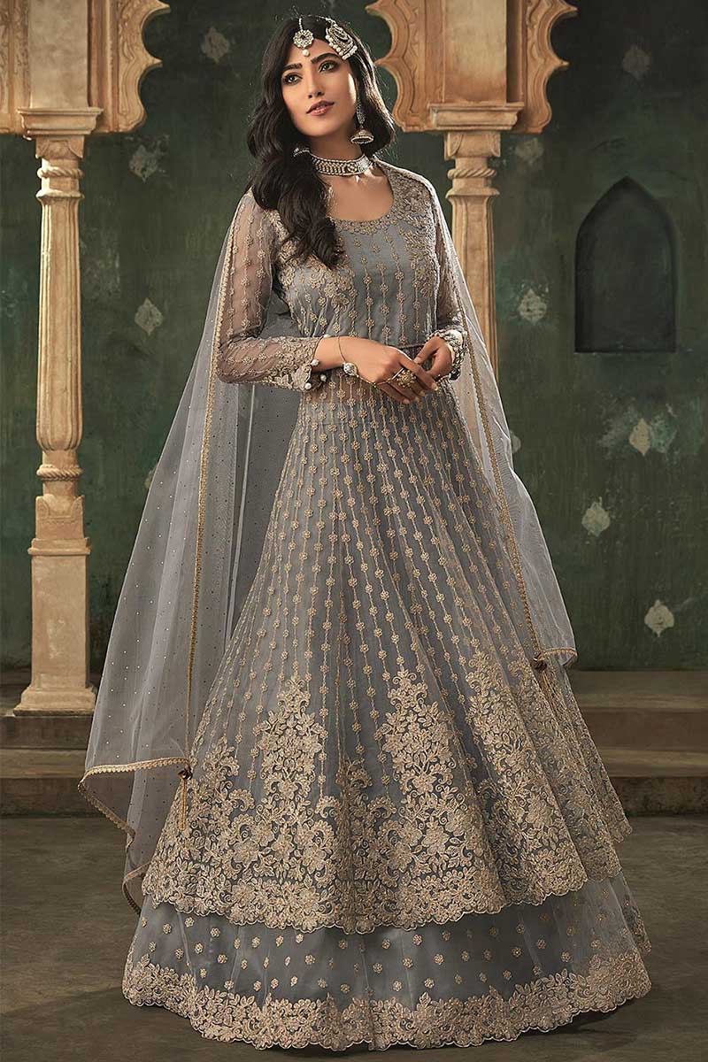 Grey Embroidered Net Anarkali With Lehenga