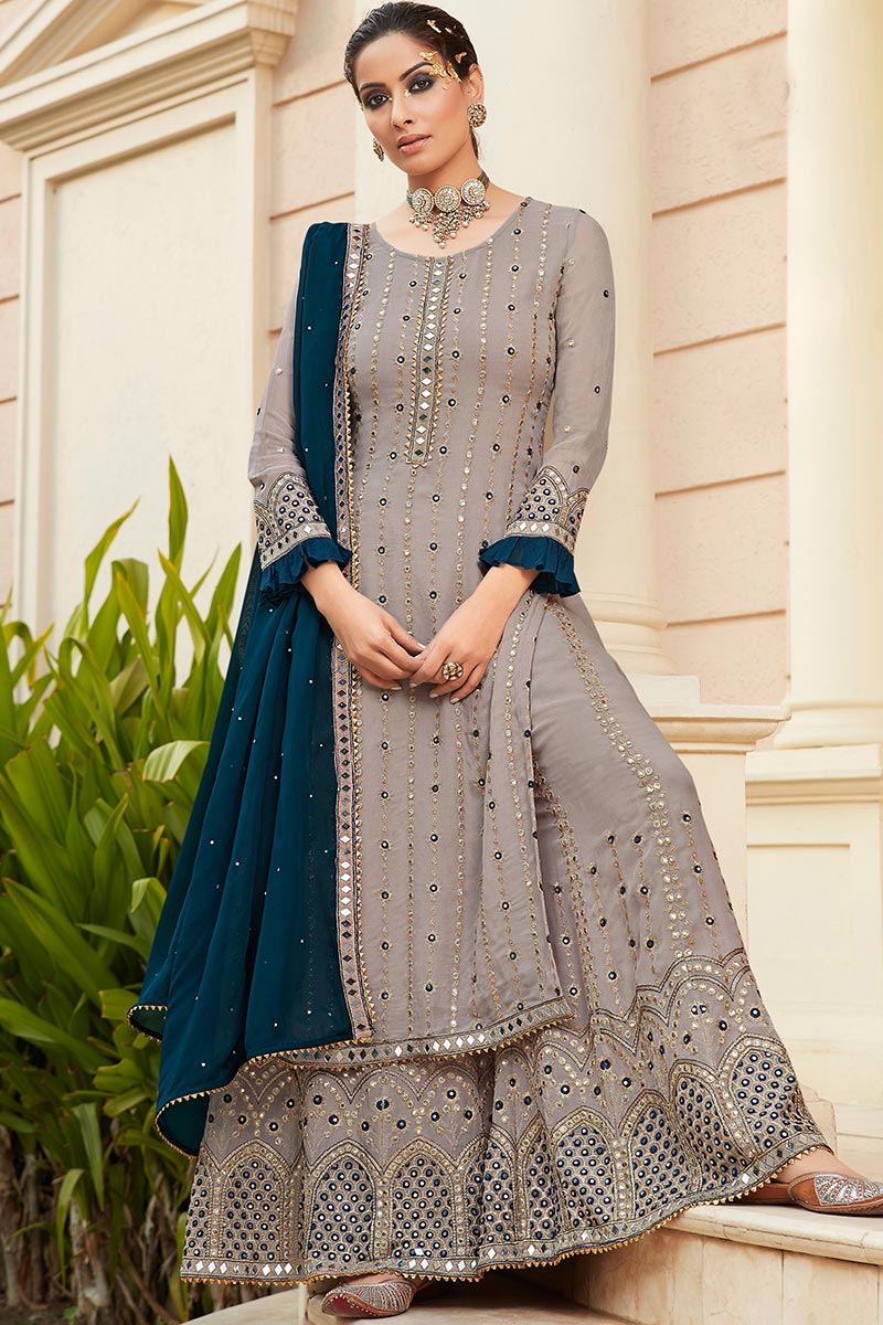 Buy Online Mirror Work Embroidered Grey Sharara Suit LSTV111014