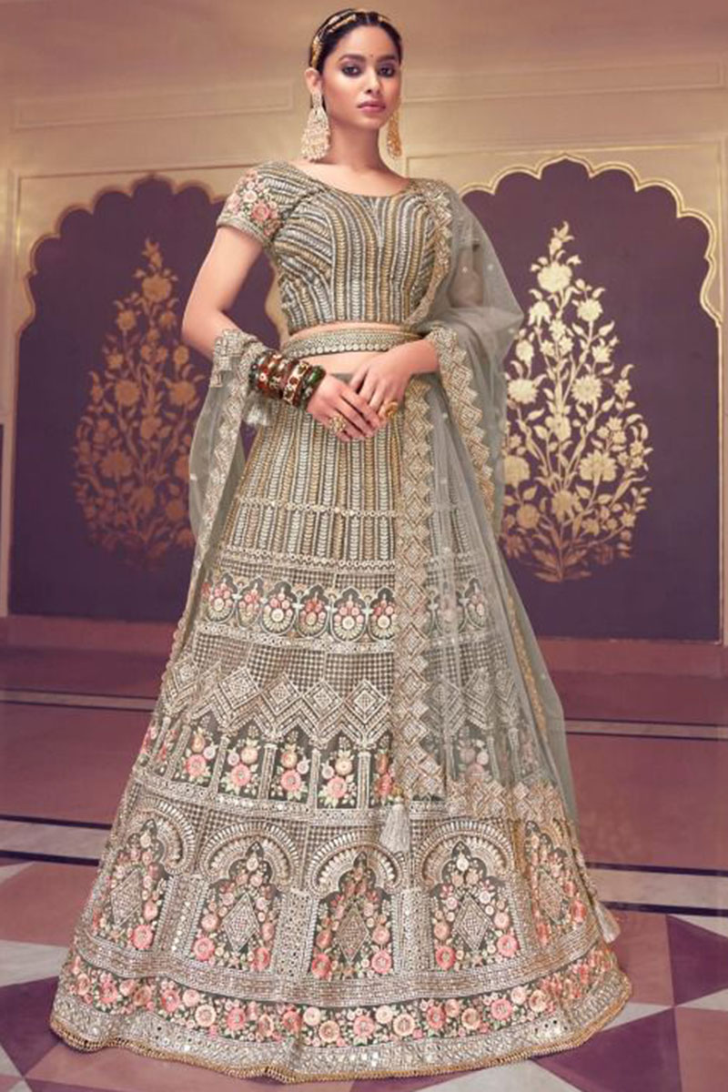 Grey Net Embroidered Wedding Wear Lehenga LLCV111562