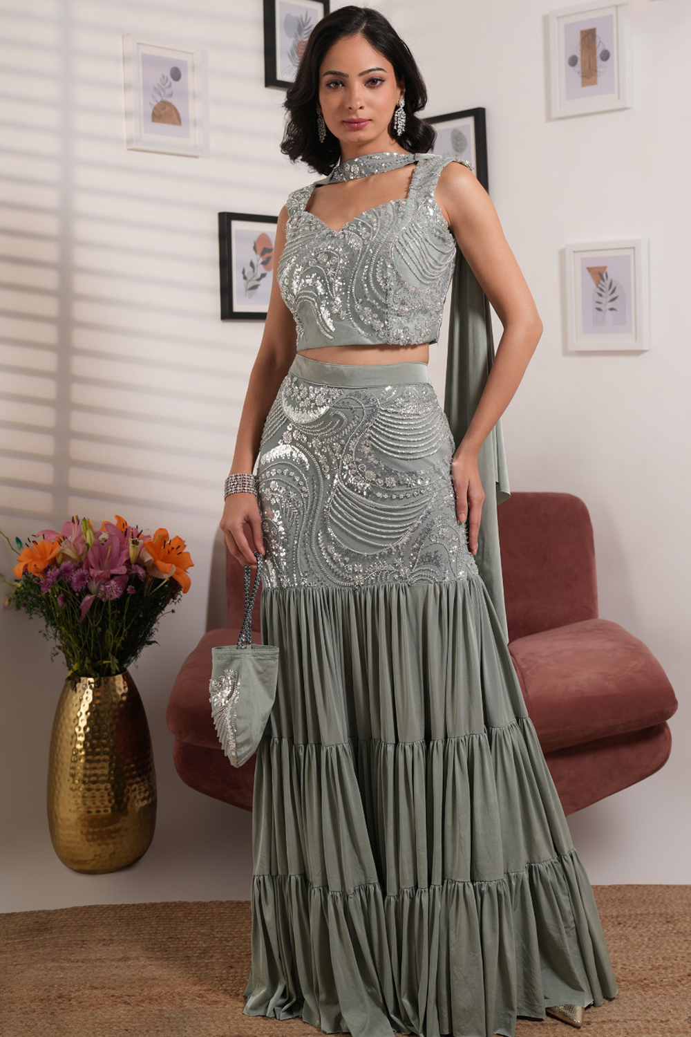 Grey Satin Embroidered Indo Western Lehenga LLCV121262