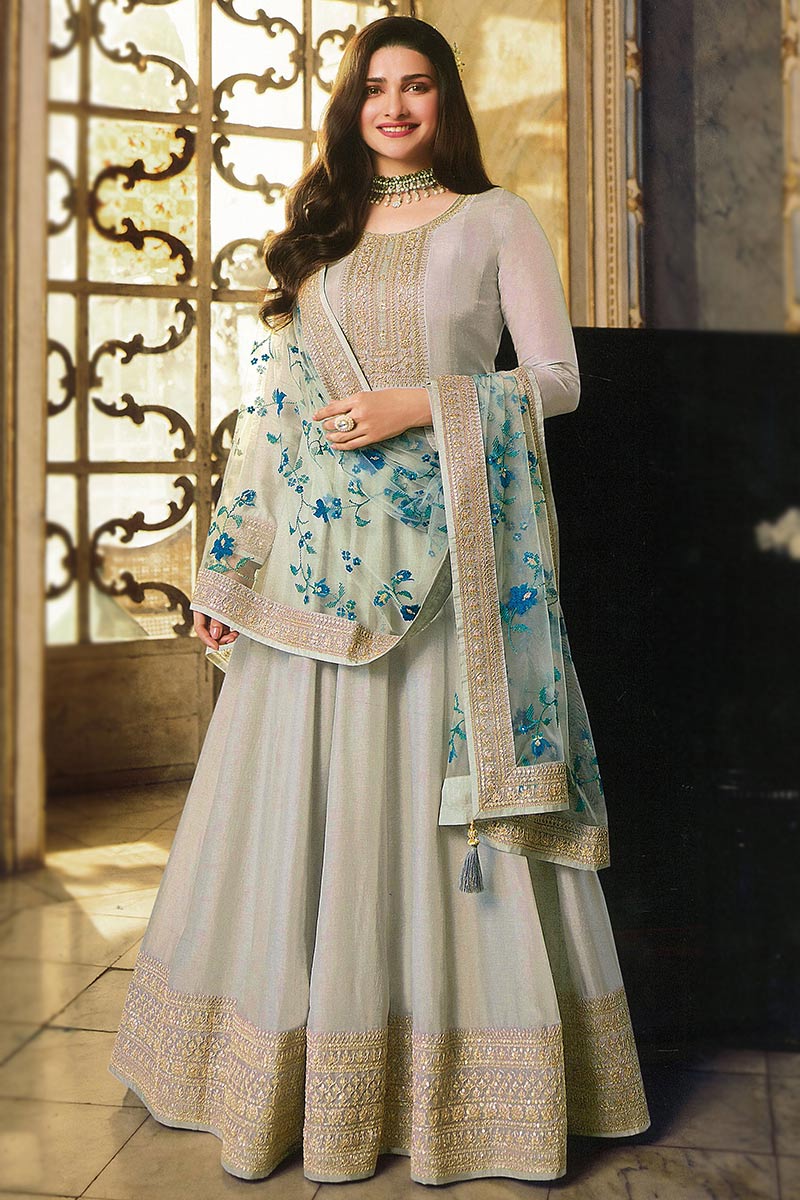 Grey Silk Embroidered Anarkali Suit