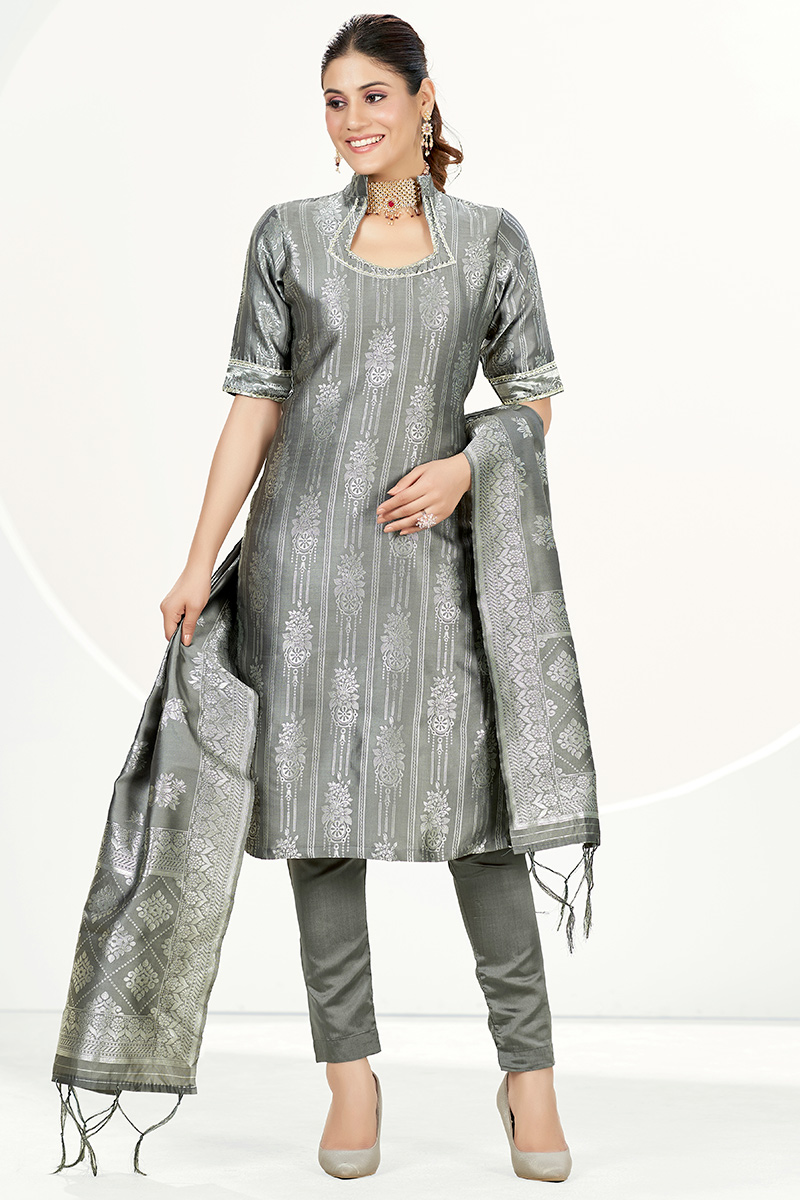 cigarette trouser suit Grey Silk Woven Zari Straight Cut Cigarette Pants Suit