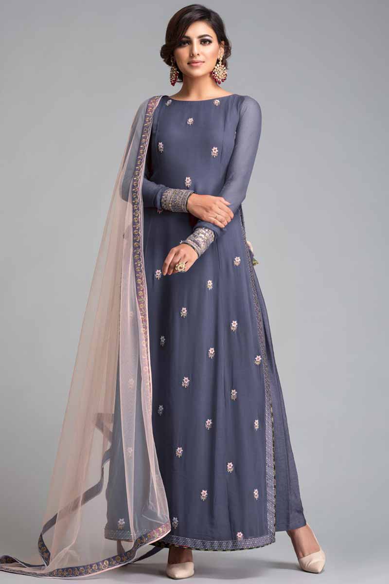 Dolphin Blue Grey Crepe Trouser Suit With Resham Work