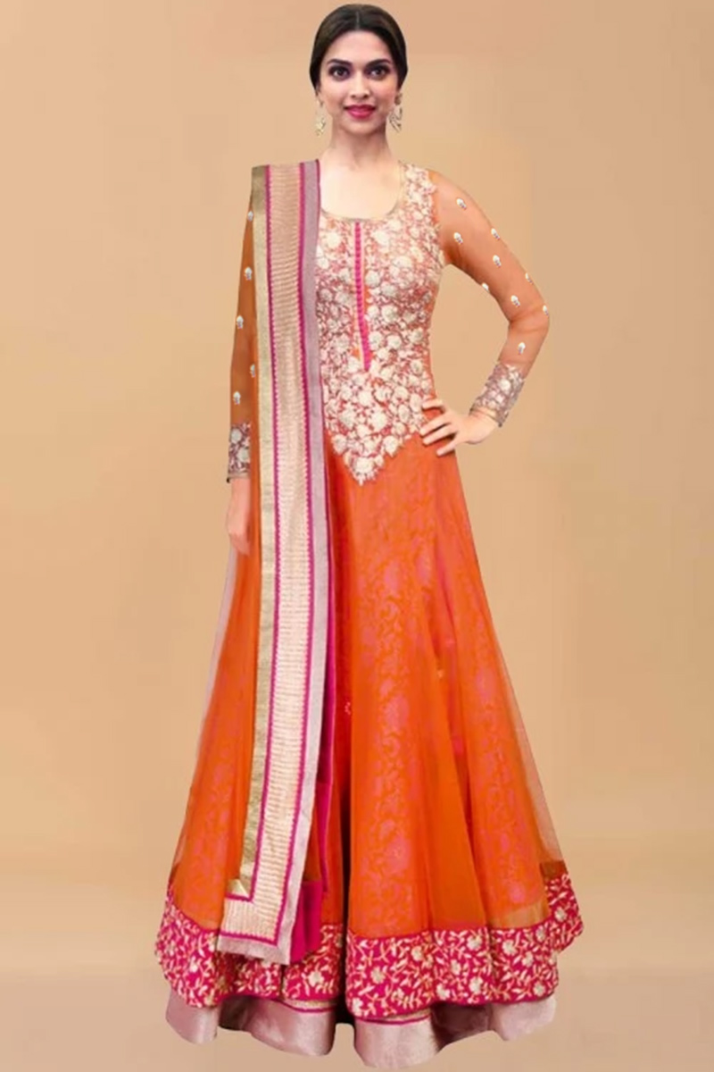 Buy Deepika Padukone Orange Net Anarkali churidar Suit With Dupatta Online dmv13837 Andaaz Fashion