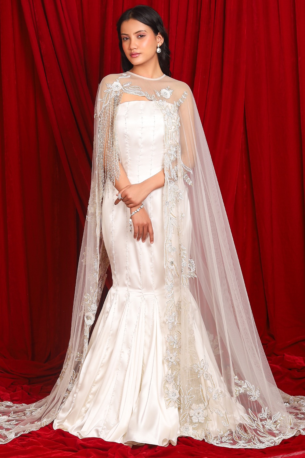 White Satin Indo- Western Style Gown With Embroidered Cape LSTV134380