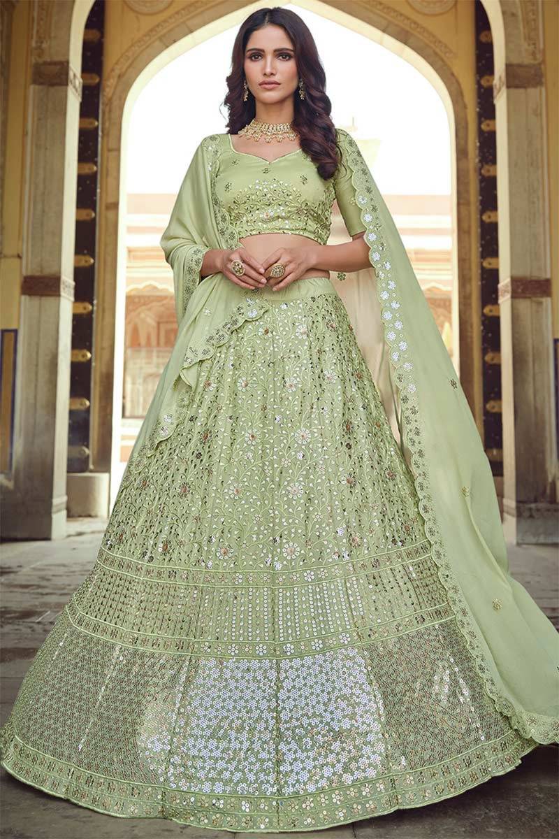 Indian Pistachio Green Lehenga With Sequins Work LLCV09423