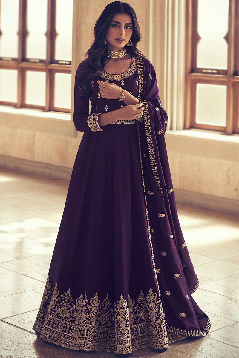 Indian Silk Dark Purple Zari Embroidered Anarkali Suit LSTV124976