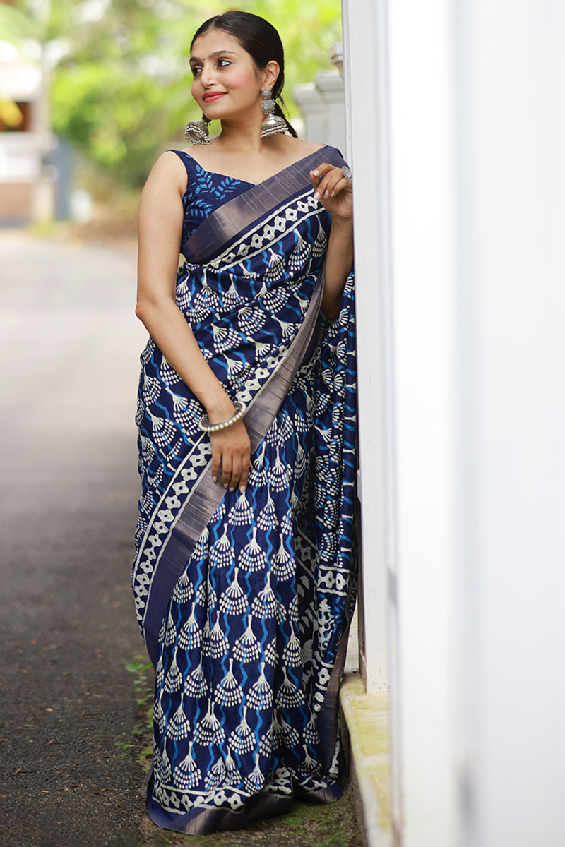 Indigo Blue Cotton Silk Batik Print Casual Wear Saree SARV166525