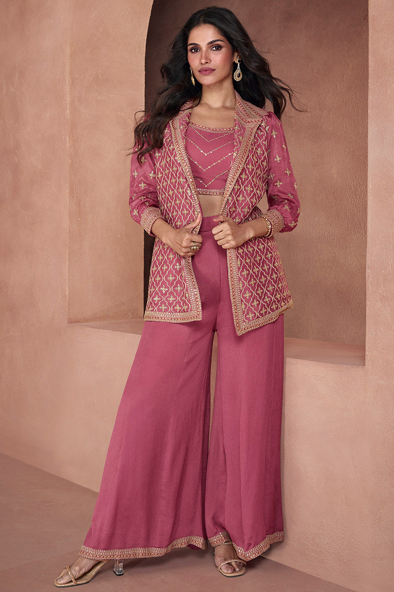 Indo Western Jacket Style Dusty Pink Embroidered Palazzo Suit