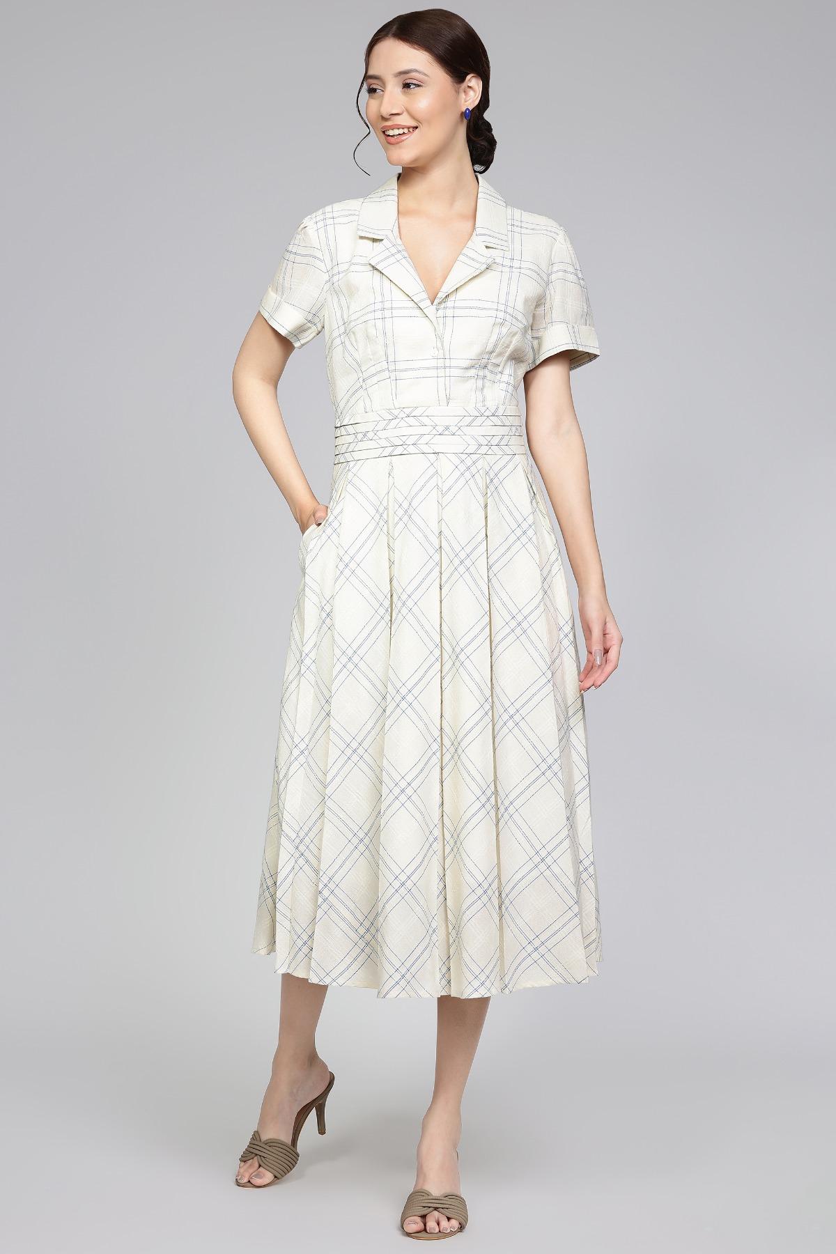 ivory plaid dress Midi Shirt with Belted Waist LowStock:43642541801523