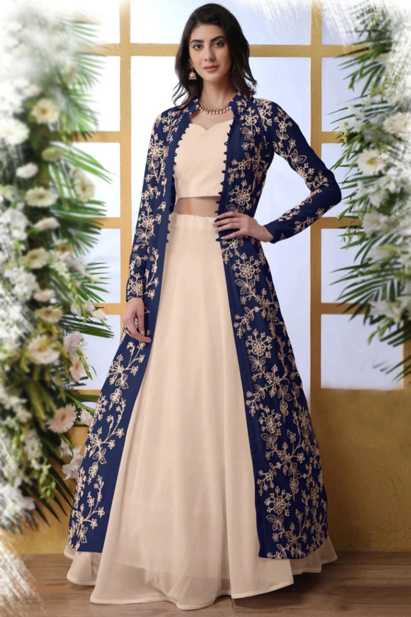 Online Lehenga in Pastel Peach Jacket Embroidered Fabric LLCV114014