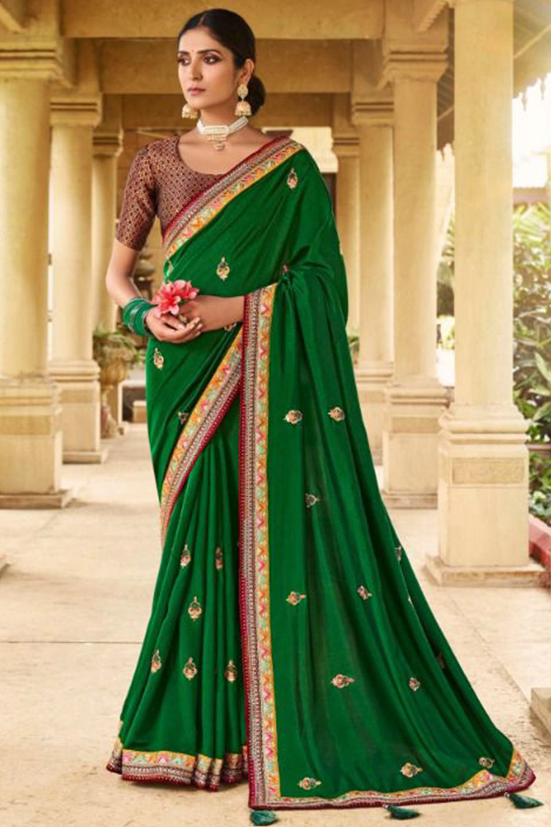 Wedding Dress Lace And Zari Work Silk Dark Green Indian Saree