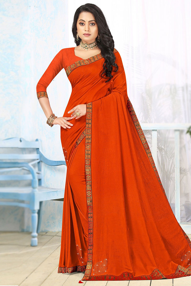 Soft Silk Saree with Lace Embroidery in Orange for Wedding
