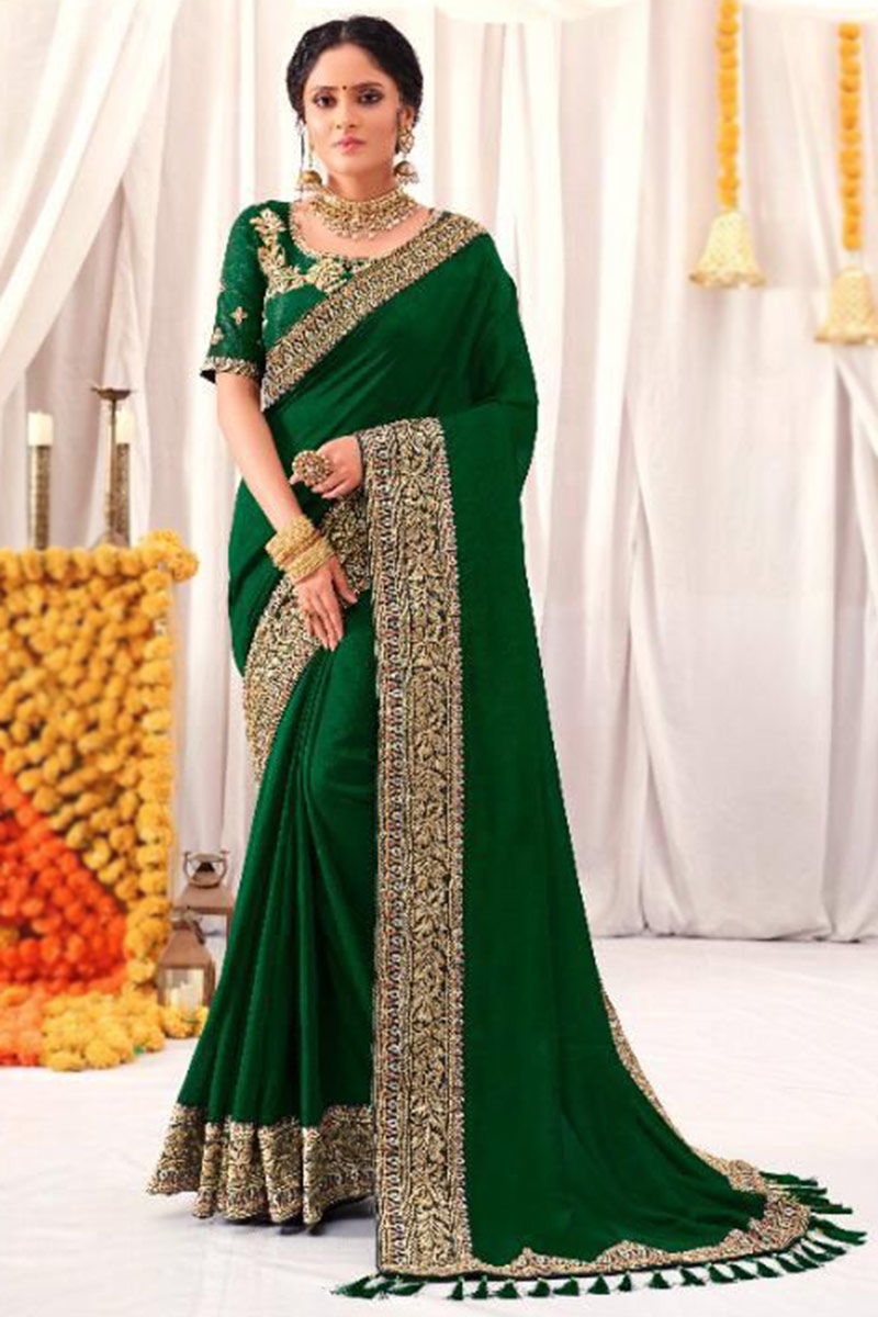 Lace Plain Silk Bottle Green Saree