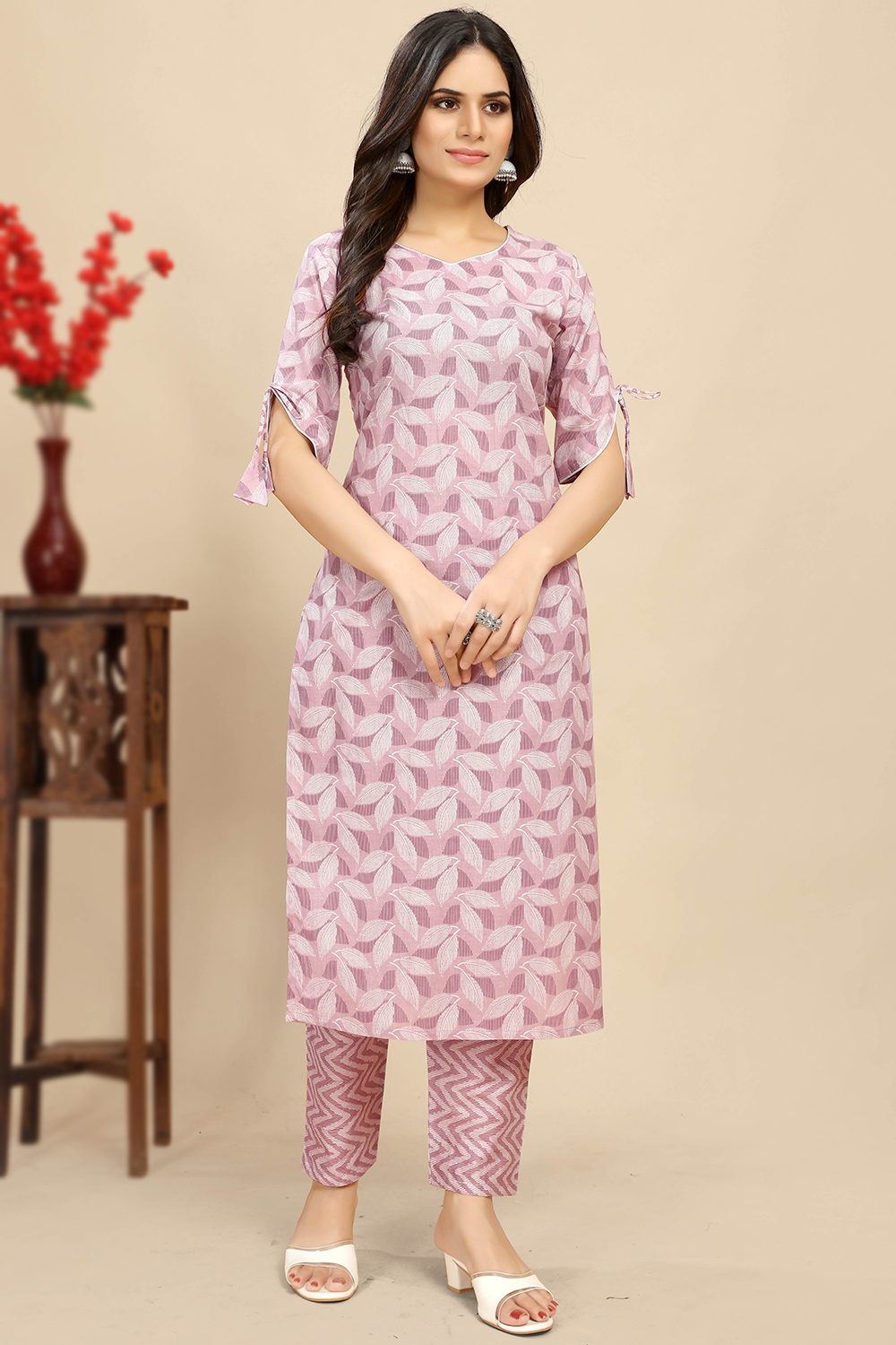 Lavender Pink Printed Cotton Casual Wear Trouser Suit LSTV131257