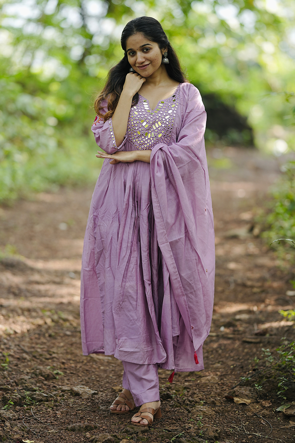 Lavender Purple Chanderi Silk Mirror Embroidered Trouser Suit
