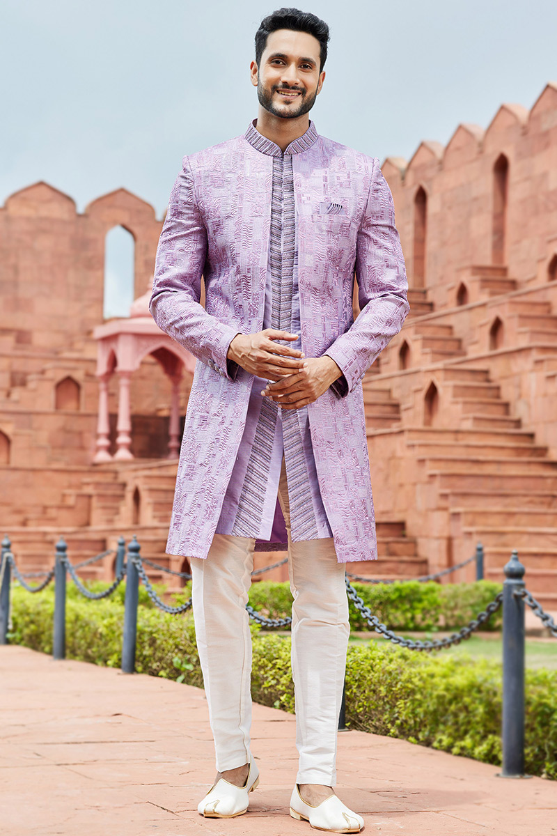 Lavender Purple Dupion Silk Embroidered Jacket Style Men's
