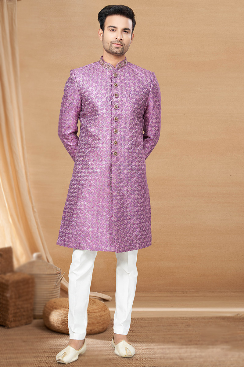 Lavender Purple Embroidered Silk Men's Achkan Style Sherwani MSTV02950