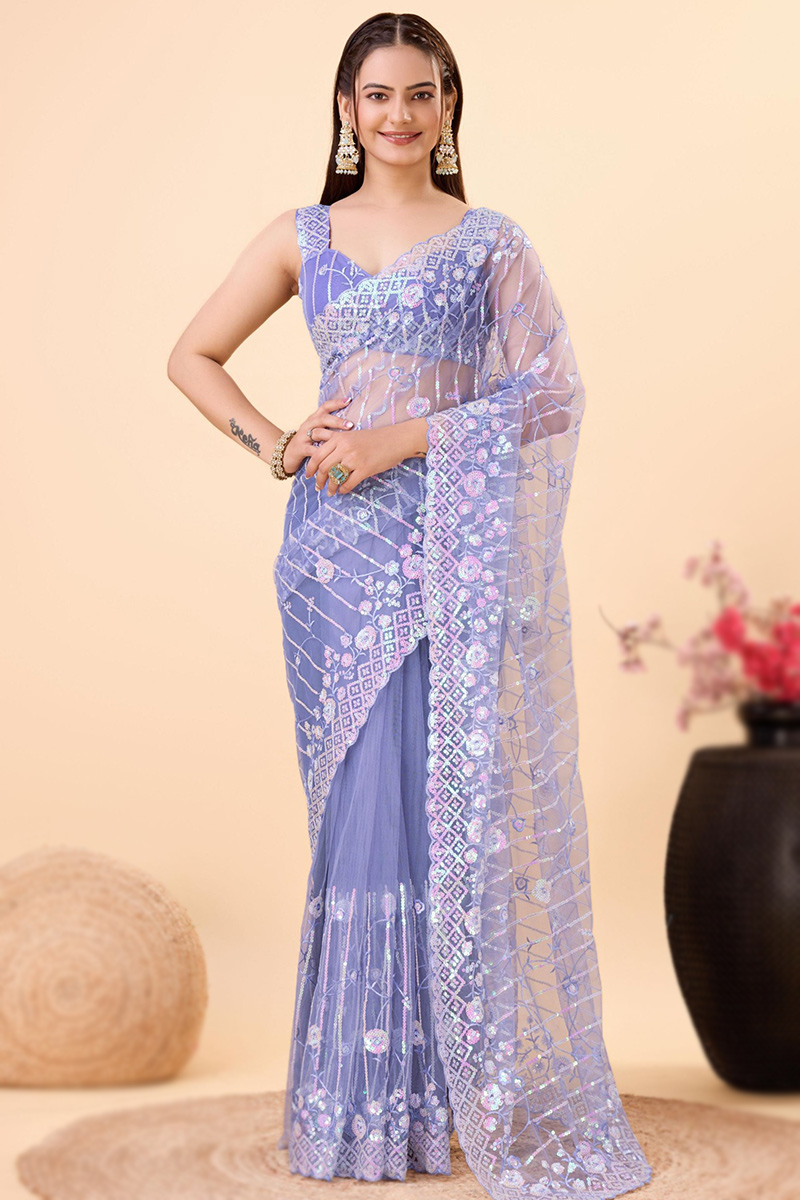 Lavender Purple Net Sequins Embroidered Party Wear Saree