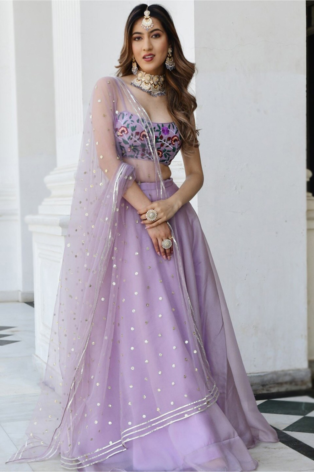 Lavender Purple Organza Flared Style Lehenga For Sangeet LLCV119714